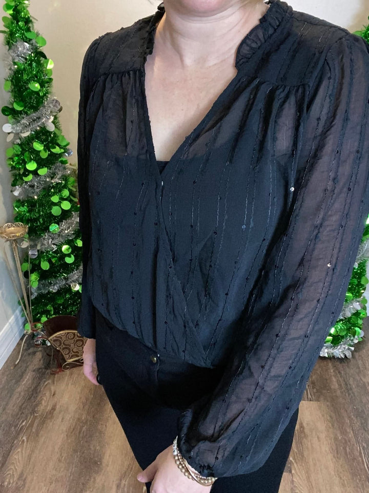 Black Shimmering Long Sleeve Bodysuit - Lolo Viv Boutique