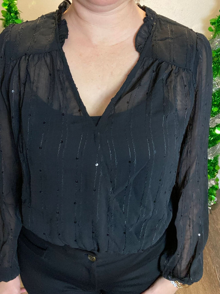 Black Shimmering Long Sleeve Bodysuit - Lolo Viv Boutique