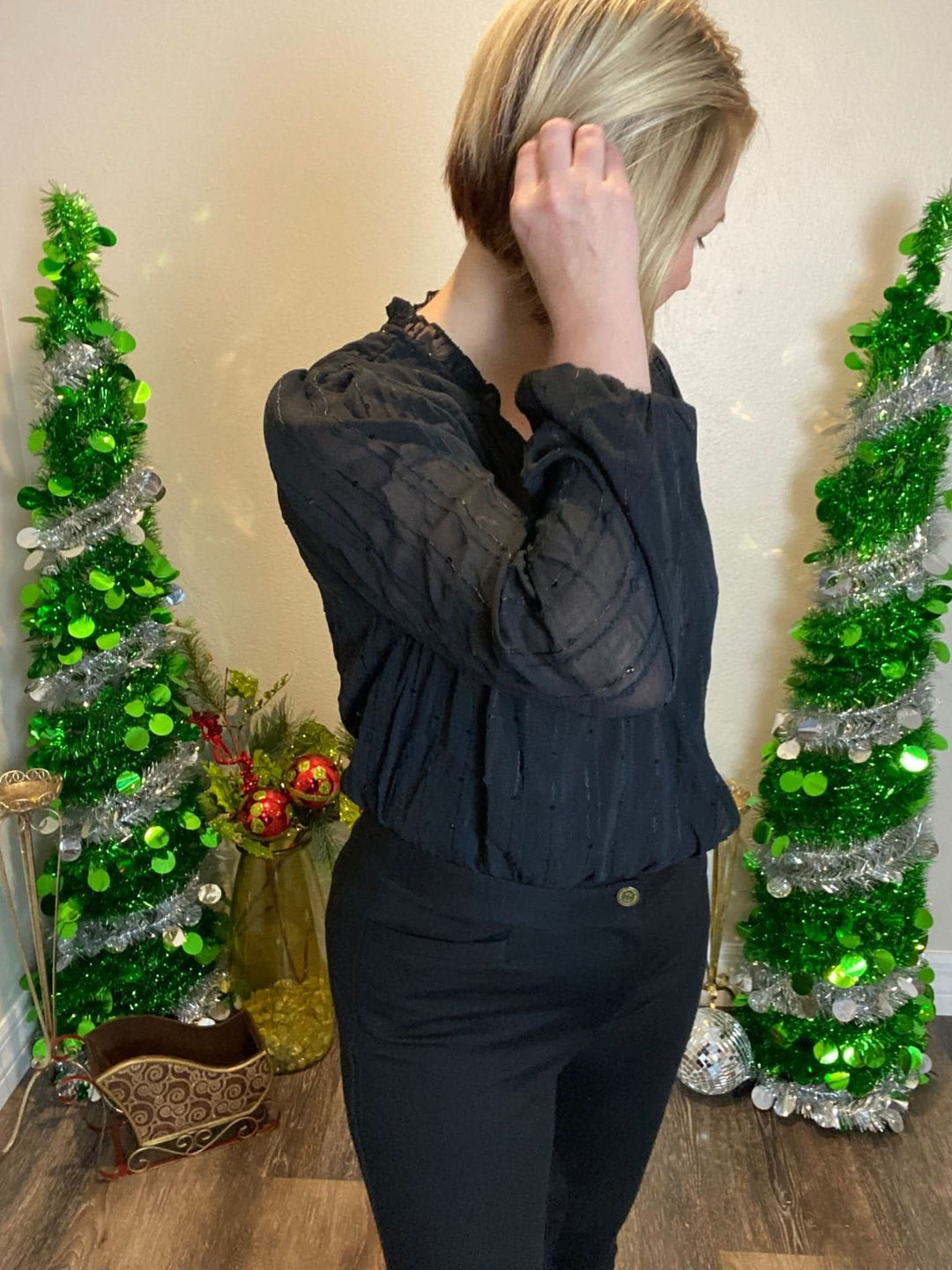 Black Shimmering Long Sleeve Bodysuit - Lolo Viv Boutique