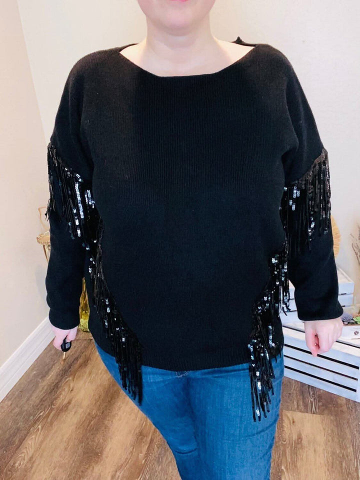 Black Sweater with Sequin Fringe - Curvy - Lolo Viv Boutique