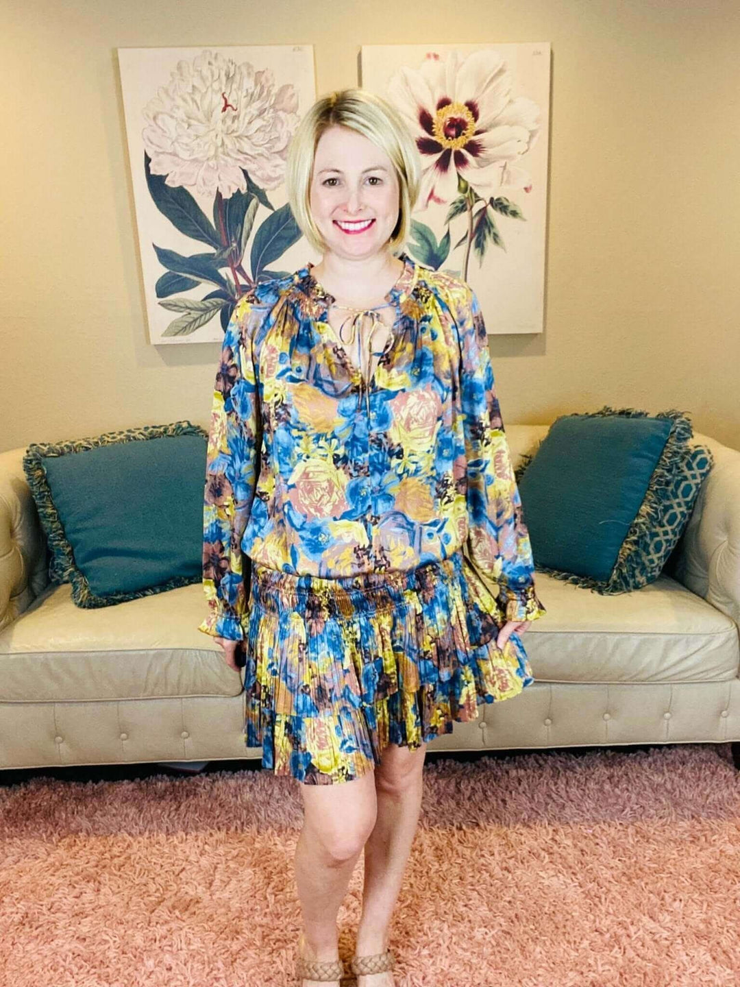 Blue and Gold Pleated Floral Dress - Lolo Viv Boutique