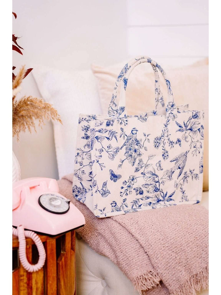 Blue and White Bird and Floral Tote - Lolo Viv Boutique