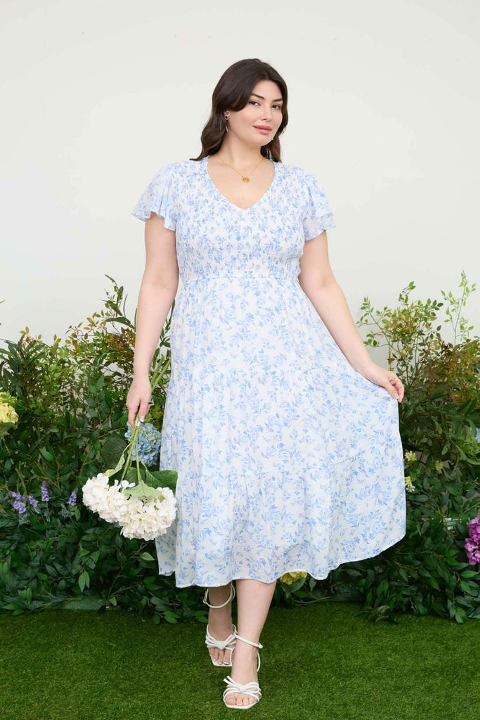 Blue Blossom Smocked Midi Dress
