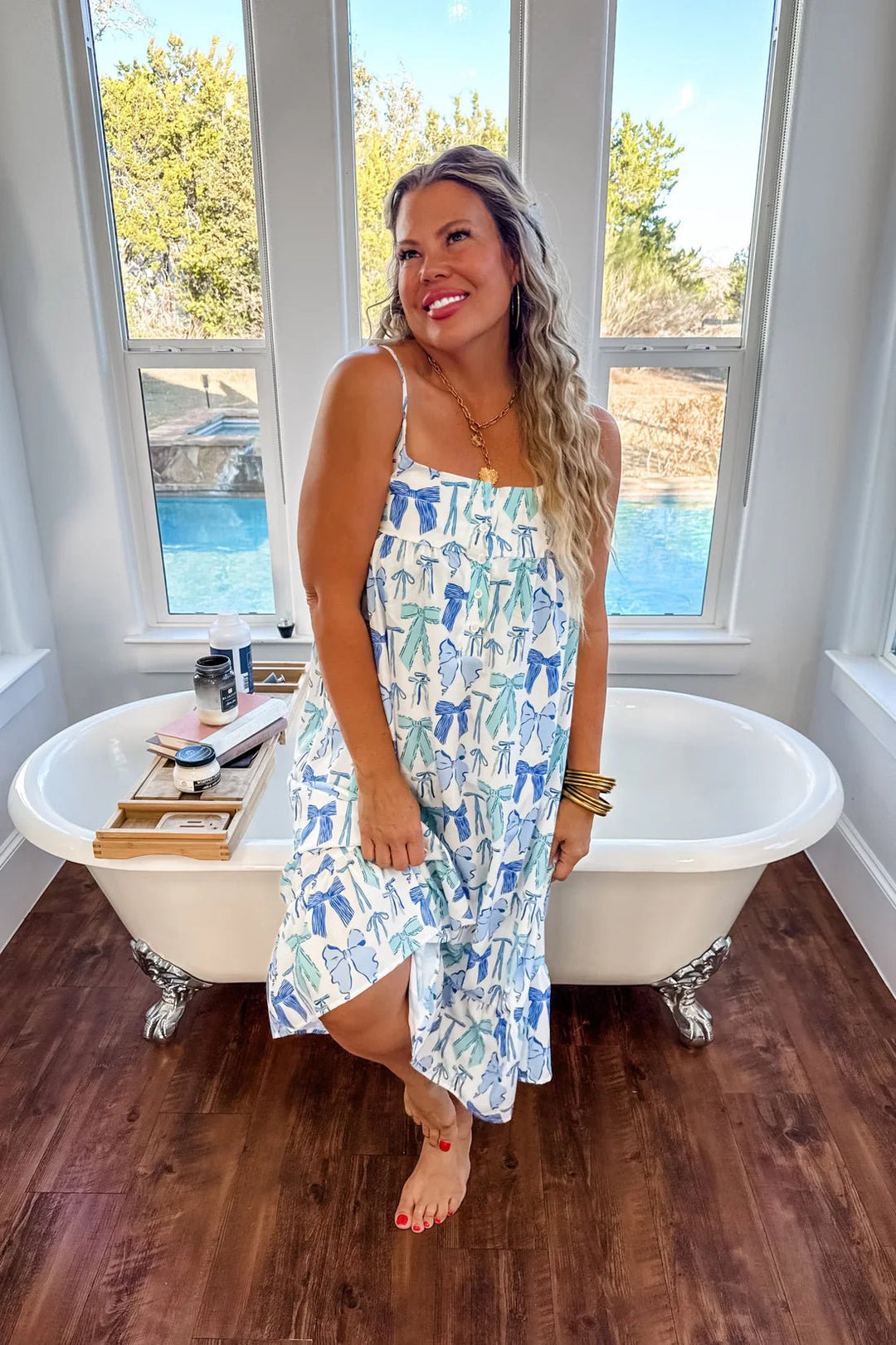 Blue Bow Pajama Dress - Reg & Curvy - Lolo Viv Boutique