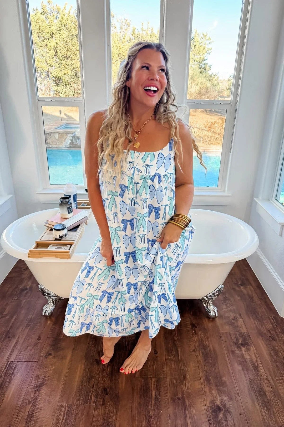 Blue Bow Pajama Dress - Reg & Curvy - Lolo Viv Boutique