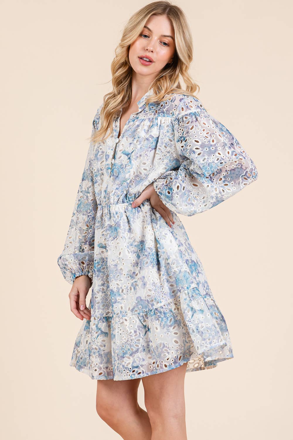 Blue Floral Eyelet Lace Mini Shirt Dress - Lolo Viv Boutique