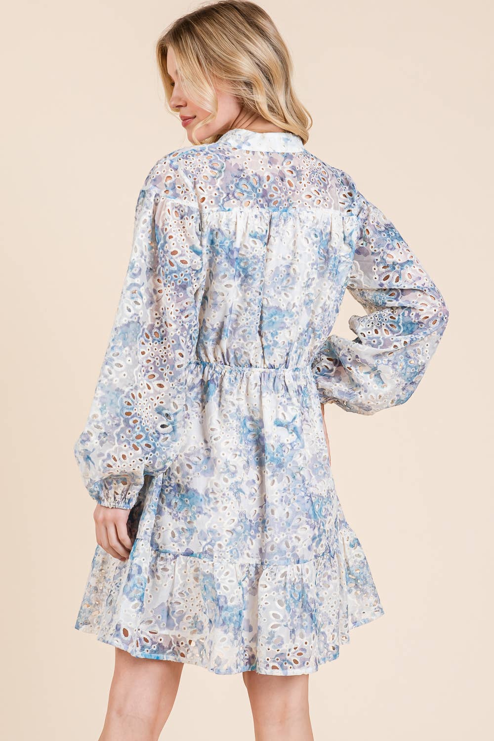 Blue Floral Eyelet Lace Mini Shirt Dress - Lolo Viv Boutique