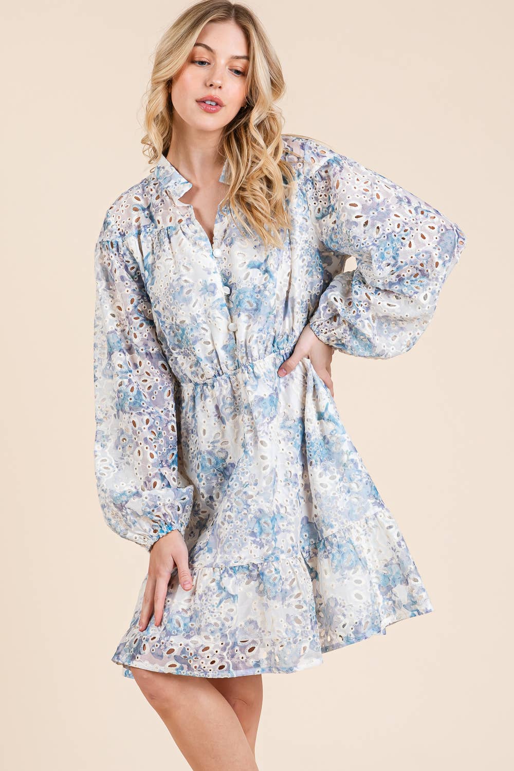 Blue Floral Eyelet Lace Mini Shirt Dress - Blue Multi / S Blue Floral Eyelet Lace Mini Shirt Dress - Blue Multi / S