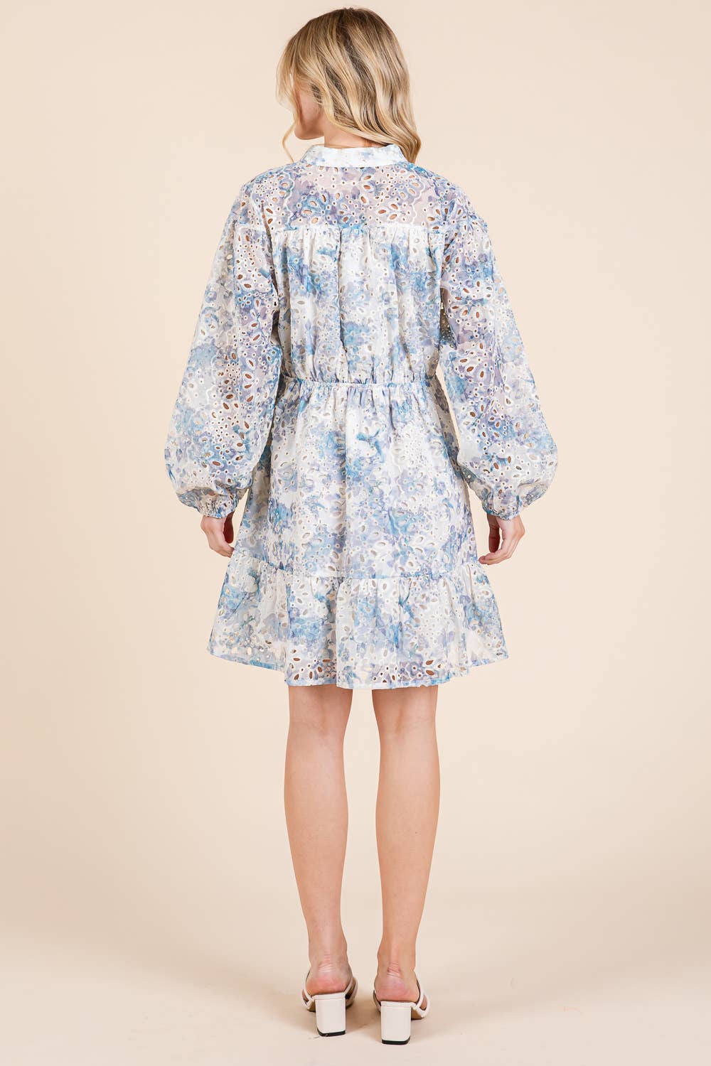 Blue Floral Eyelet Lace Mini Shirt Dress - Lolo Viv Boutique