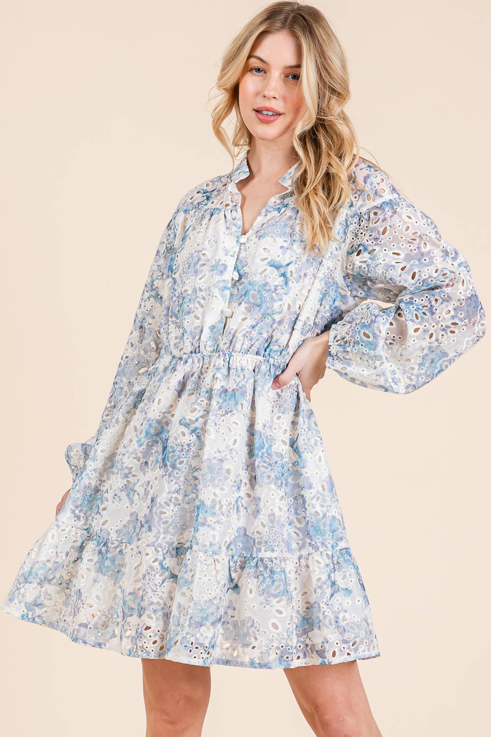 Blue Floral Eyelet Lace Mini Shirt Dress - Lolo Viv Boutique