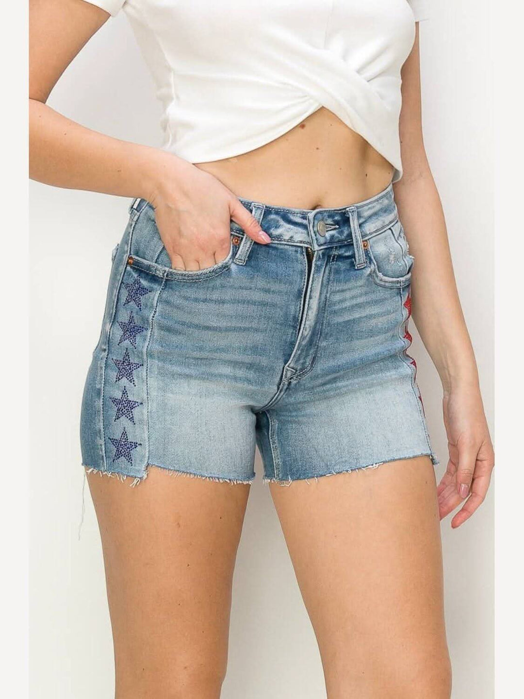 BLUE & RED STARS RHINESTONE HIGH RISE SHORTS - Lolo Viv Boutique