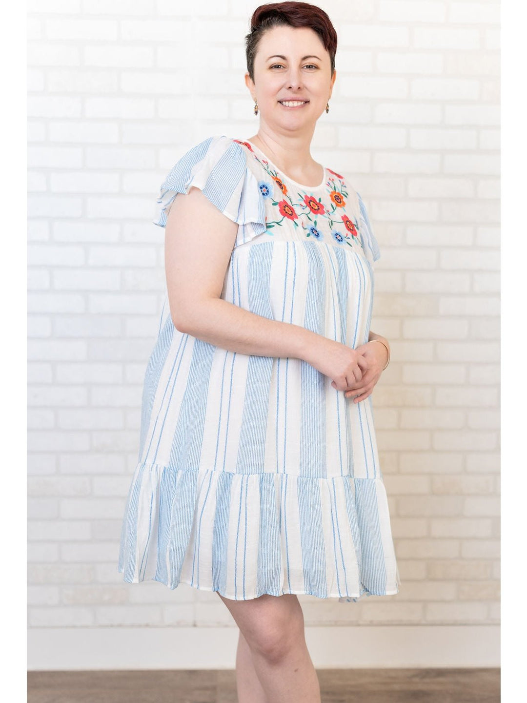 Blue Striped Embroidered Dress - Curvy - Lolo Viv Boutique