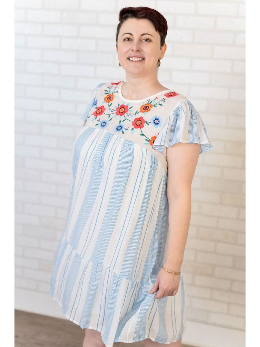 Blue Striped Embroidered Dress - Curvy - Lolo Viv Boutique