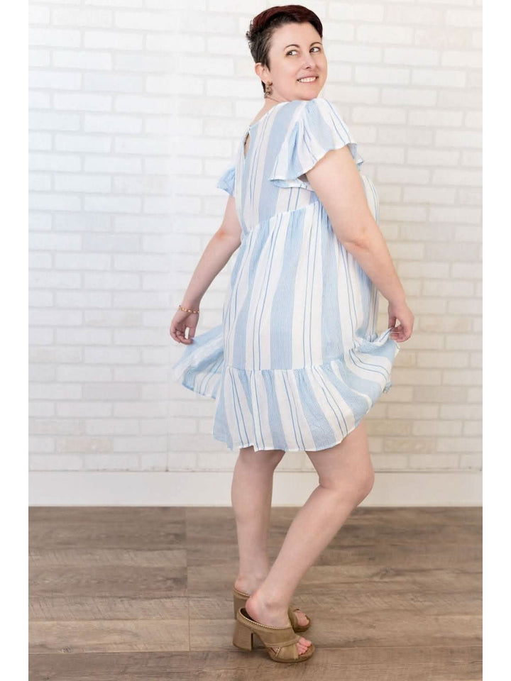 Blue Striped Embroidered Dress - Curvy - Lolo Viv Boutique