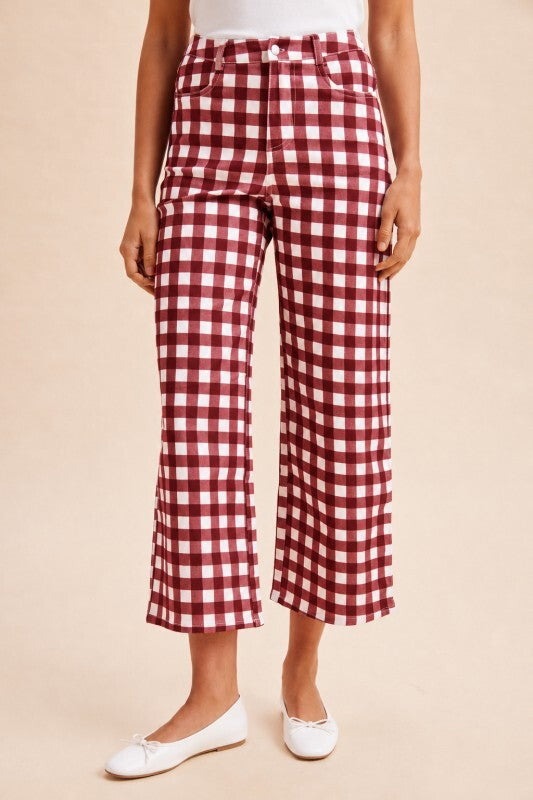 *PREORDER* Burgundy Check Wide Leg Pants - Reg & Curvy