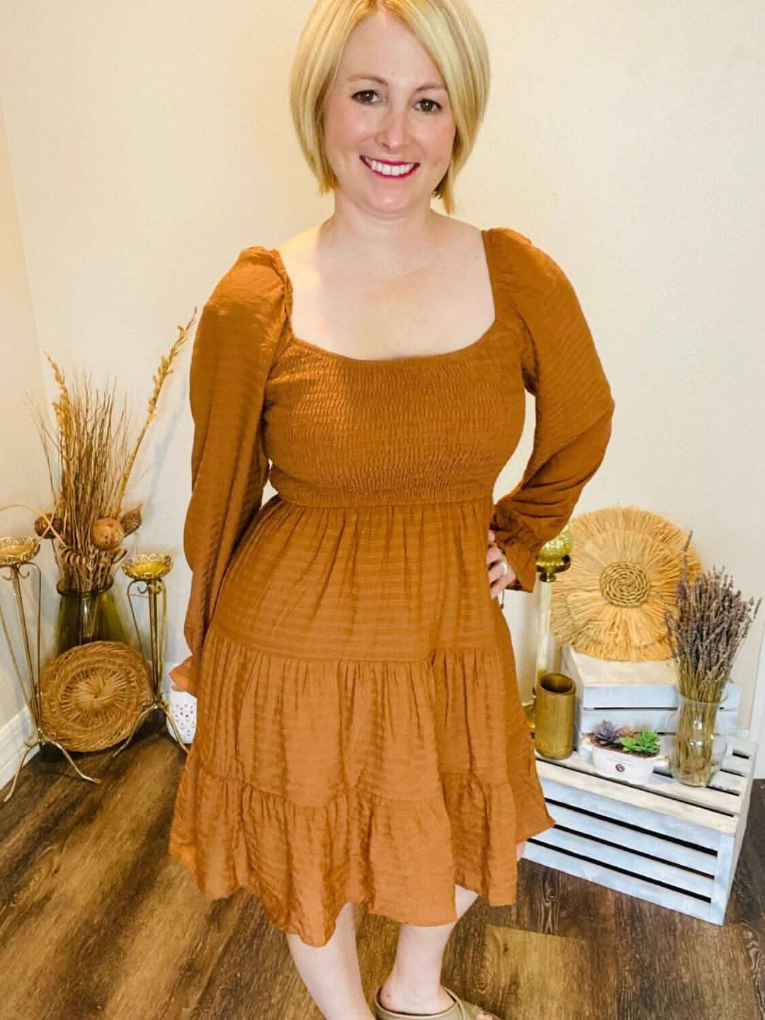 Burnt Orange Long Sleeve Dress - Lolo Viv Boutique