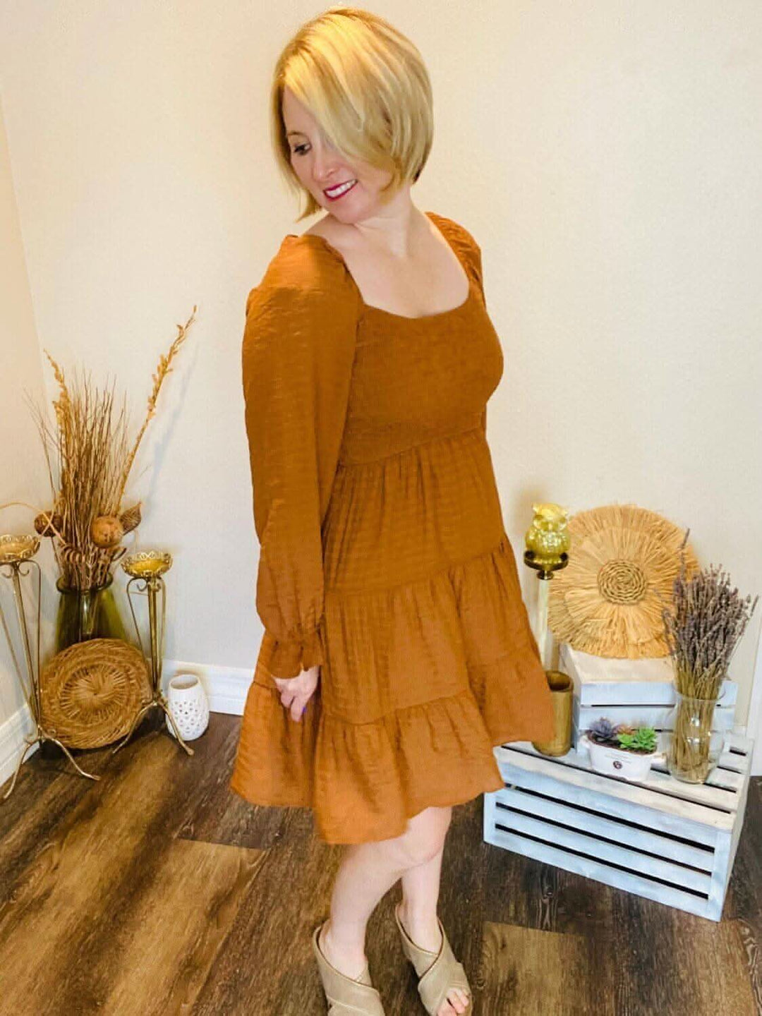 Burnt Orange Long Sleeve Dress - Lolo Viv Boutique