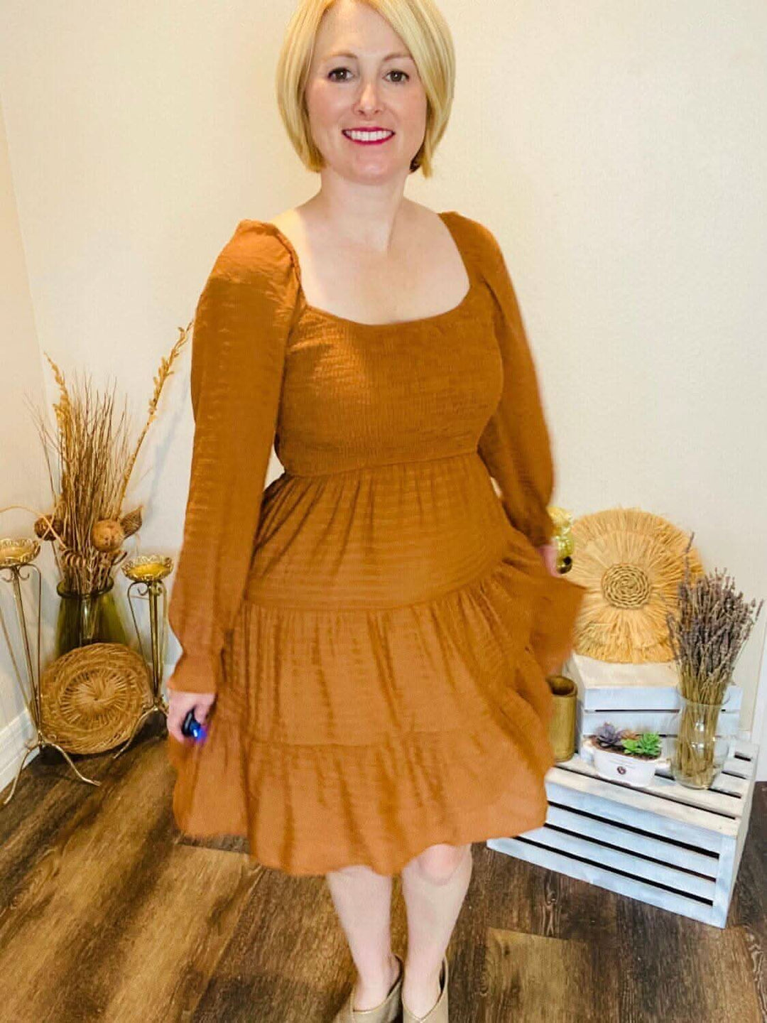 Burnt Orange Long Sleeve Dress - Lolo Viv Boutique