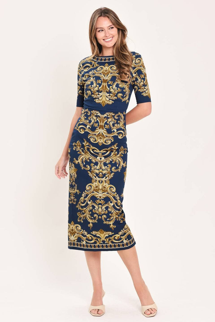 Gilded in Navy Midi Dress