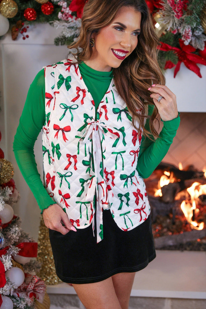 The Holly Bow Quilted Tie Vest - Reg & Curvy