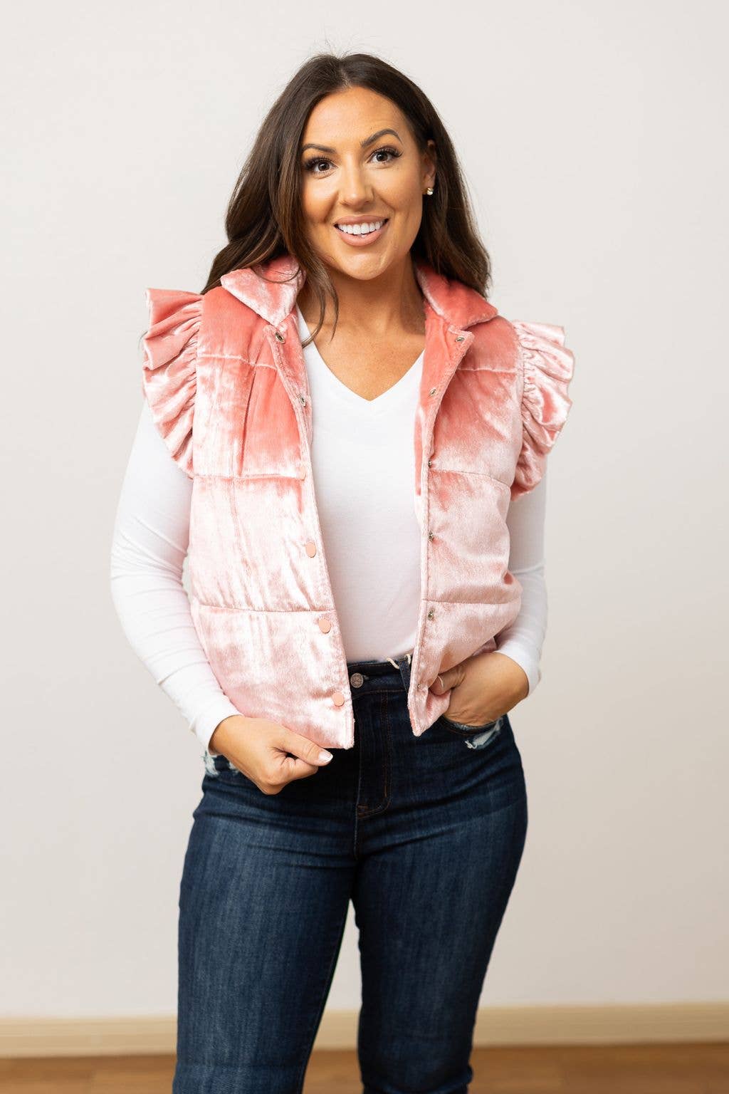 Blush Glow Ruffle Puffer Vest - Curvy
