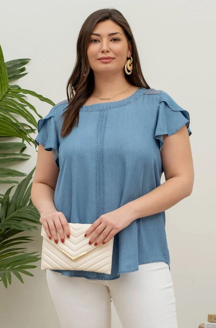 Chambray Petal Sleeve Lace Trim Top - Curvy - Lolo Viv Boutique