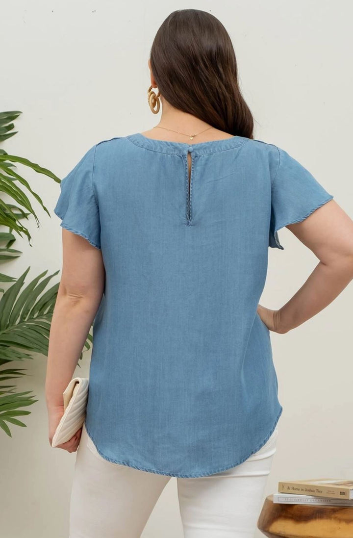 Chambray Petal Sleeve Lace Trim Top - Curvy - Lolo Viv Boutique