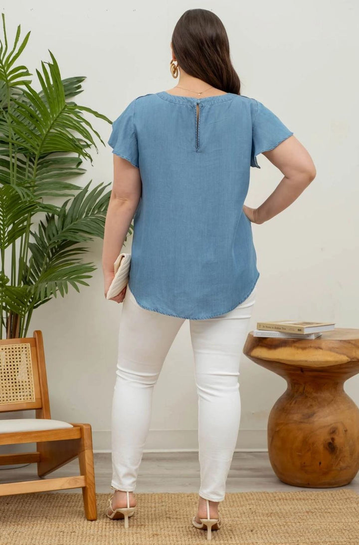 Chambray Petal Sleeve Lace Trim Top - Curvy - Lolo Viv Boutique