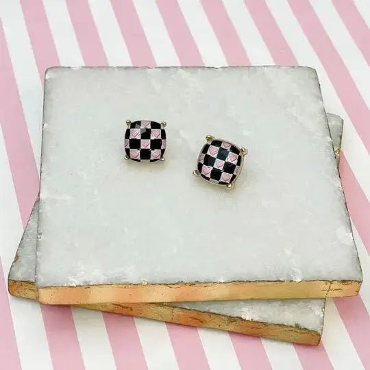 Checkered Pink Heart Printed Glass Stud Earrings - Lolo Viv Boutique