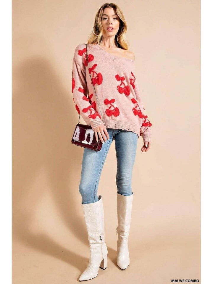 Soft Thread Pink & Red Cherry Sweater
