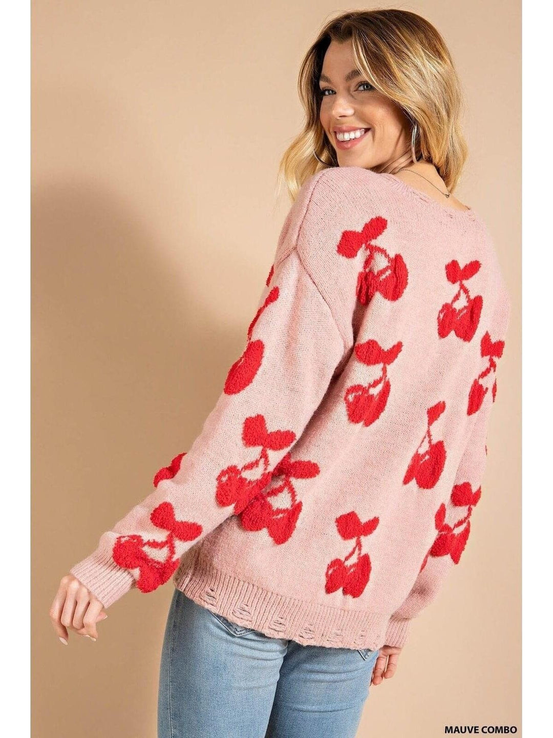 Soft Thread Pink & Red Cherry Sweater