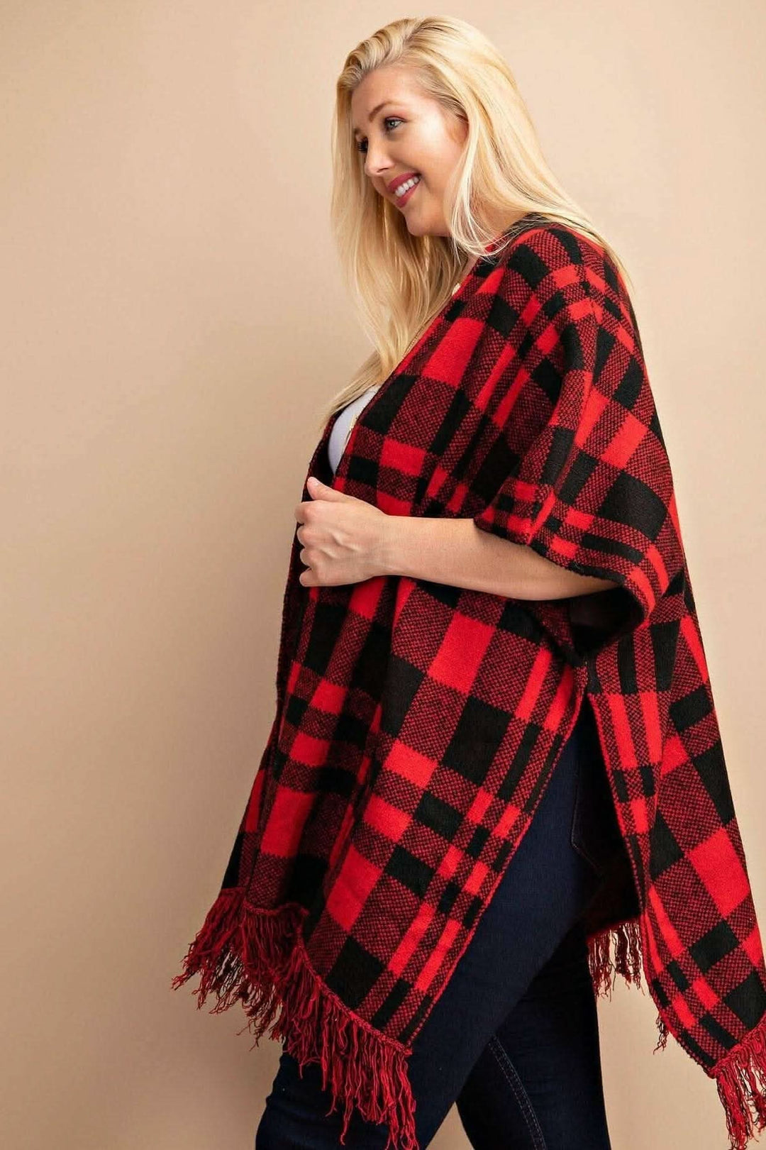 Classic Plaid Sweater Poncho - Curvy - Lolo Viv Boutique