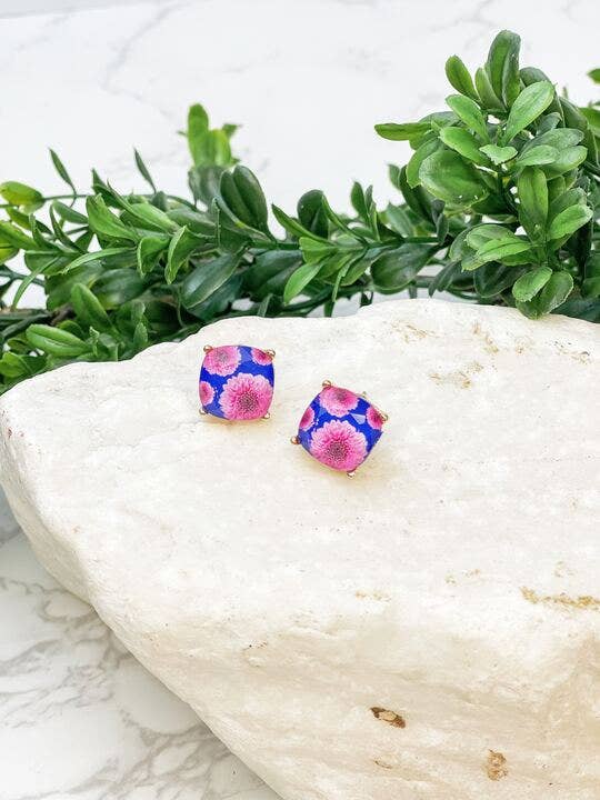 Dahlia Flower Print Crystal Stud Earrings - Lolo Viv Boutique