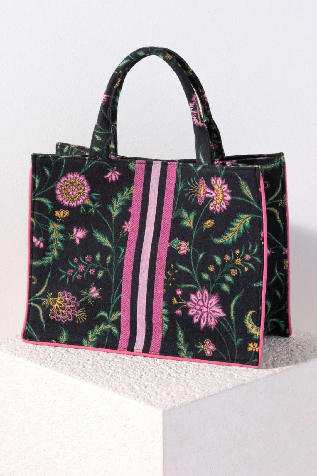 Dark Floral Tote with Racer Stripe - Lolo Viv Boutique