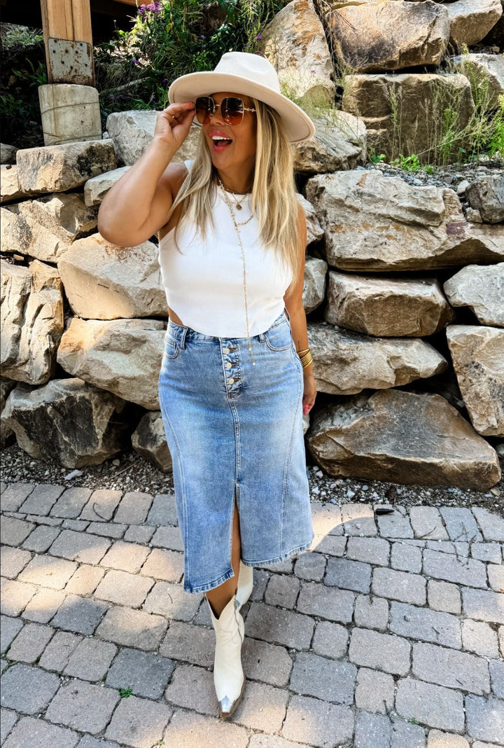 Denim Midi Skirt - Curvy - Lolo Viv Boutique