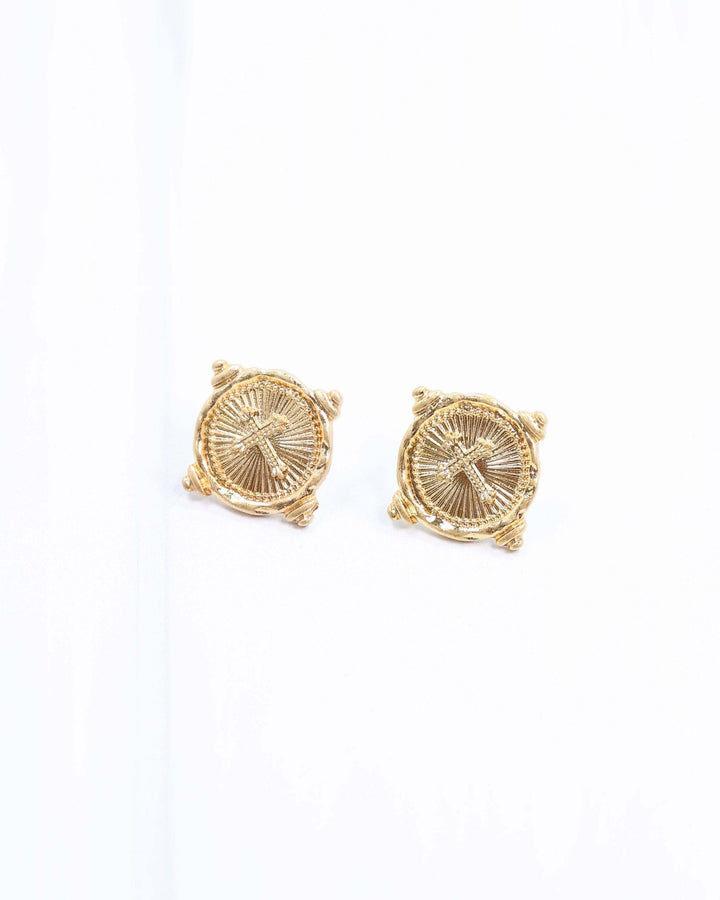 Radiant Cross Studs in Worn Gold