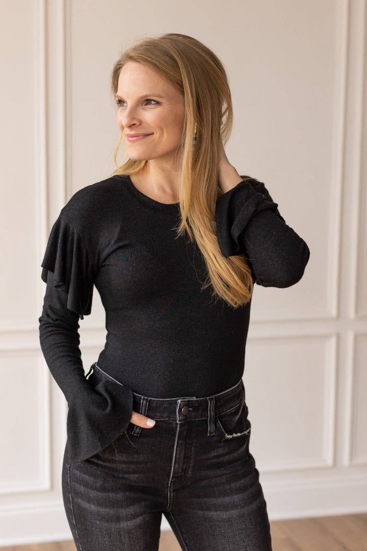 Black Shimmer Ruffle Bodysuit - Reg & Curvy