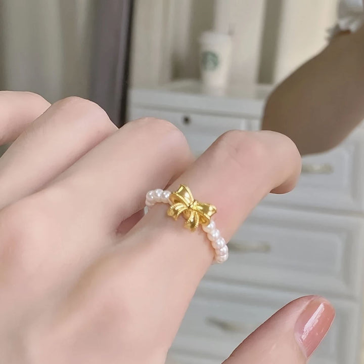 Elastic Pearl & Bow Ring - Lolo Viv Boutique