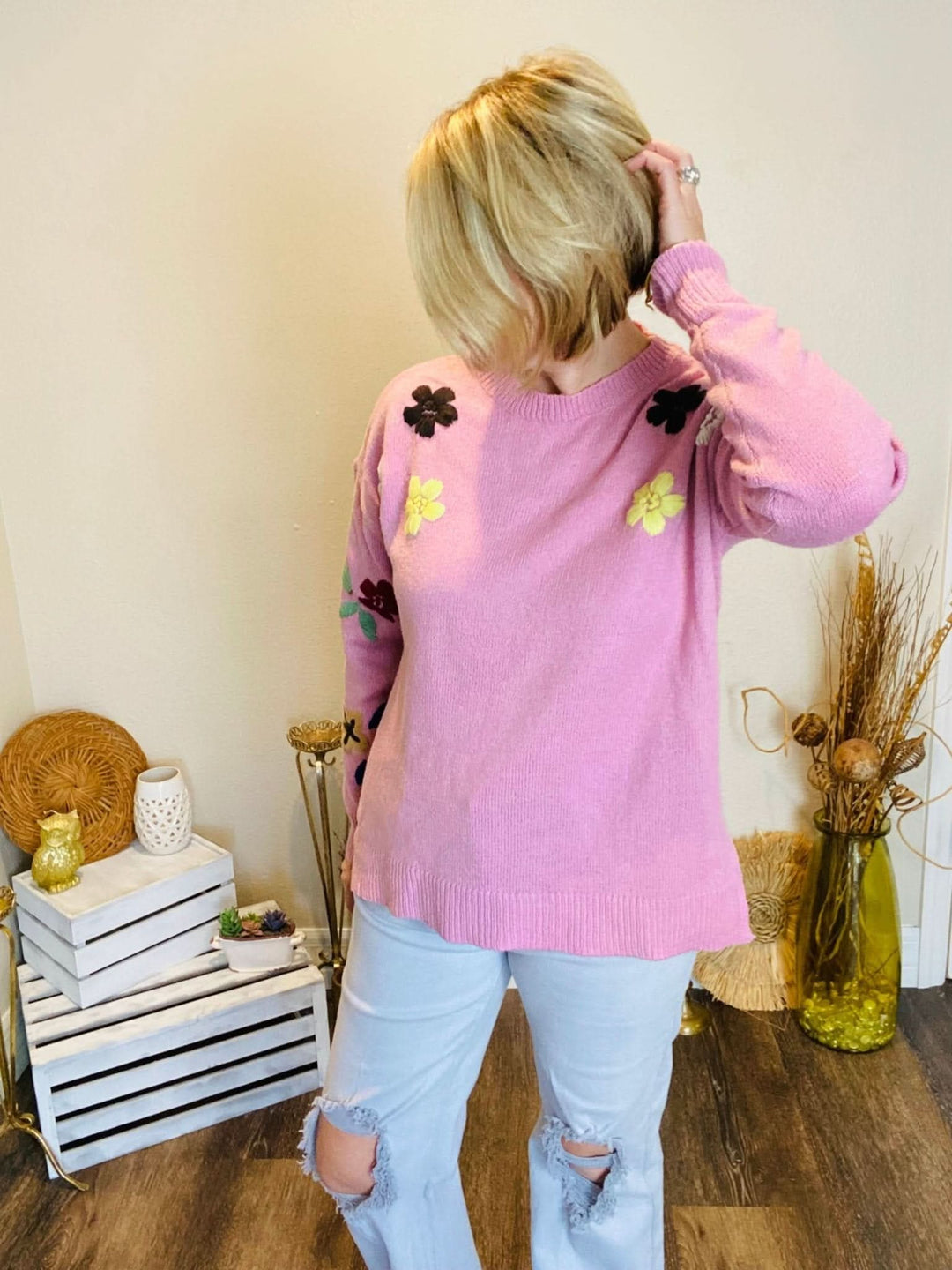 Embroidered Floral Sweater - Lolo Viv Boutique