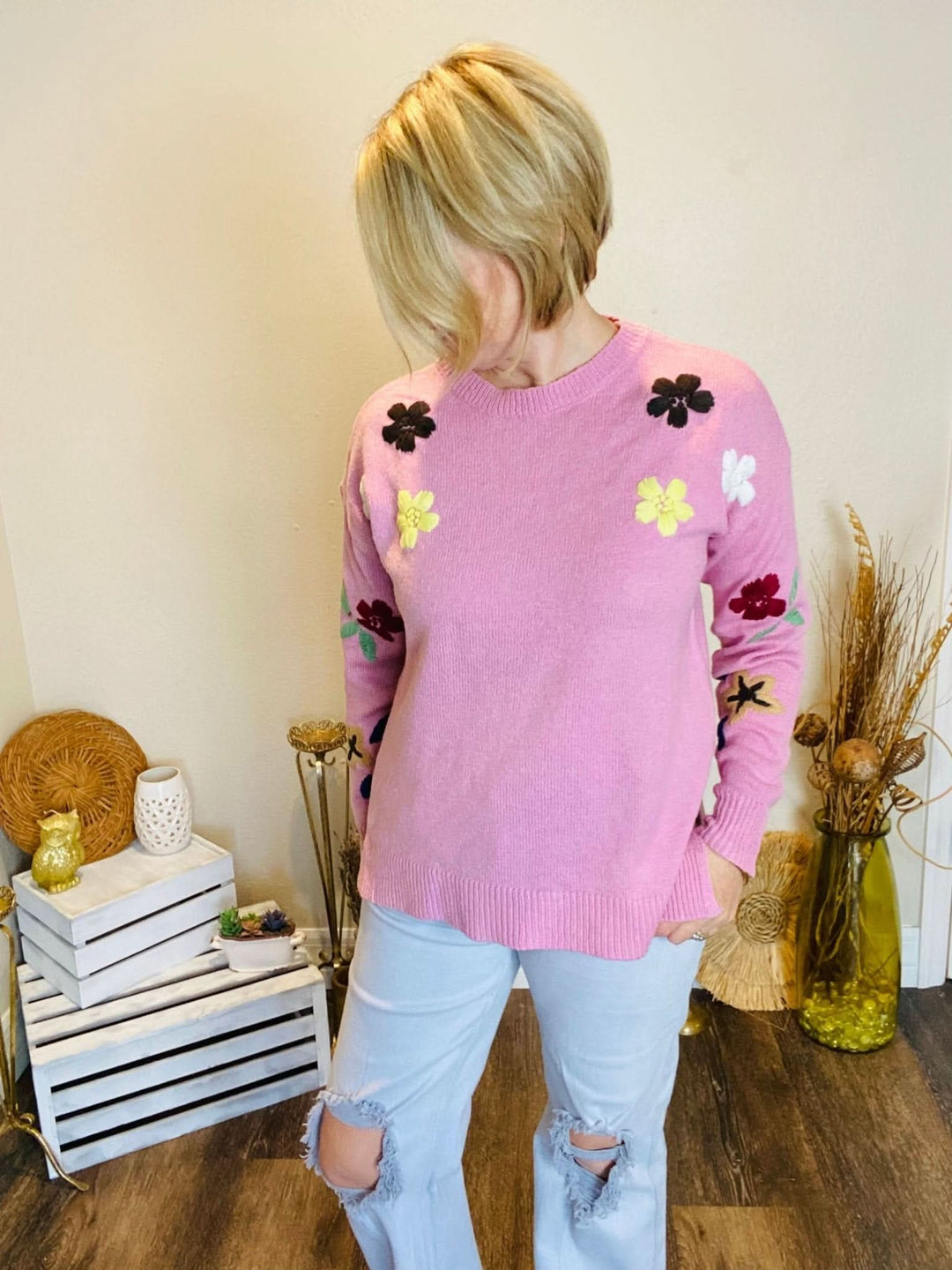 Embroidered Floral Sweater - Lolo Viv Boutique