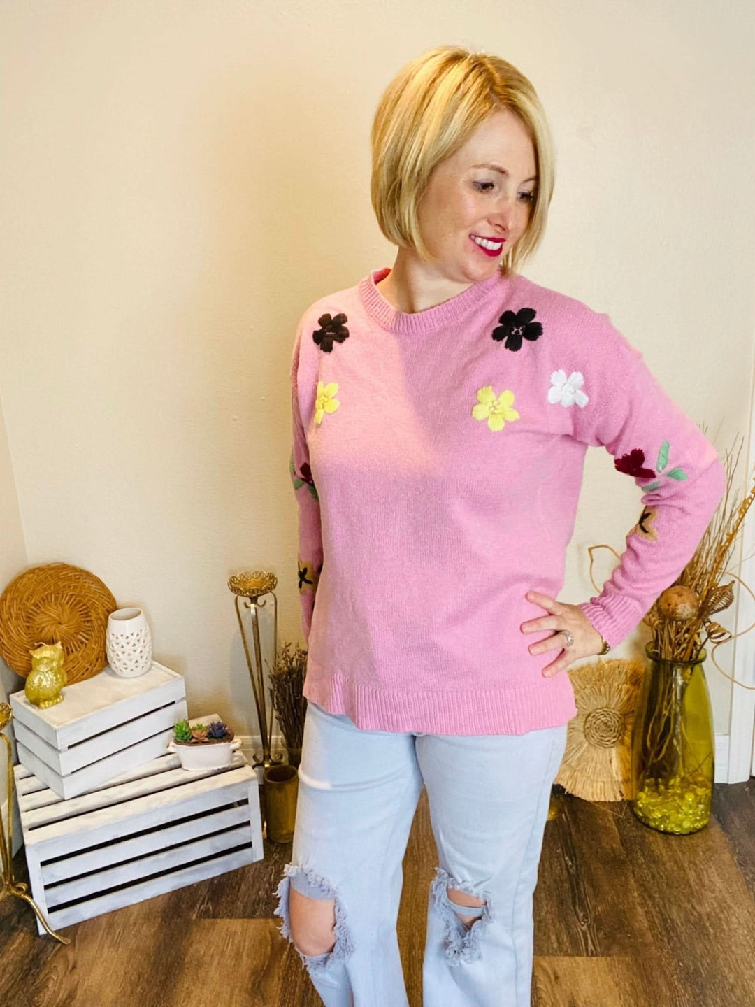 Embroidered Floral Sweater - Lolo Viv Boutique