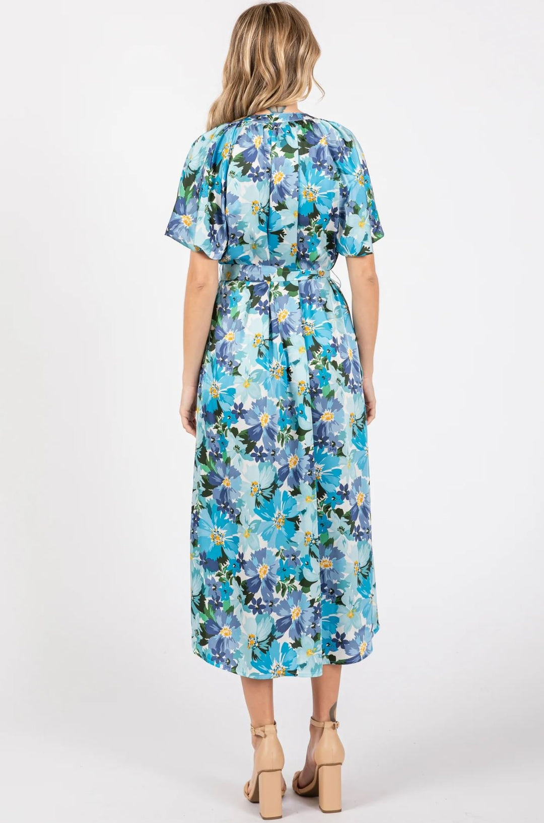 Floral Midi Dress with Puff Sleeves and Tie Waist - Lolo Viv Boutique