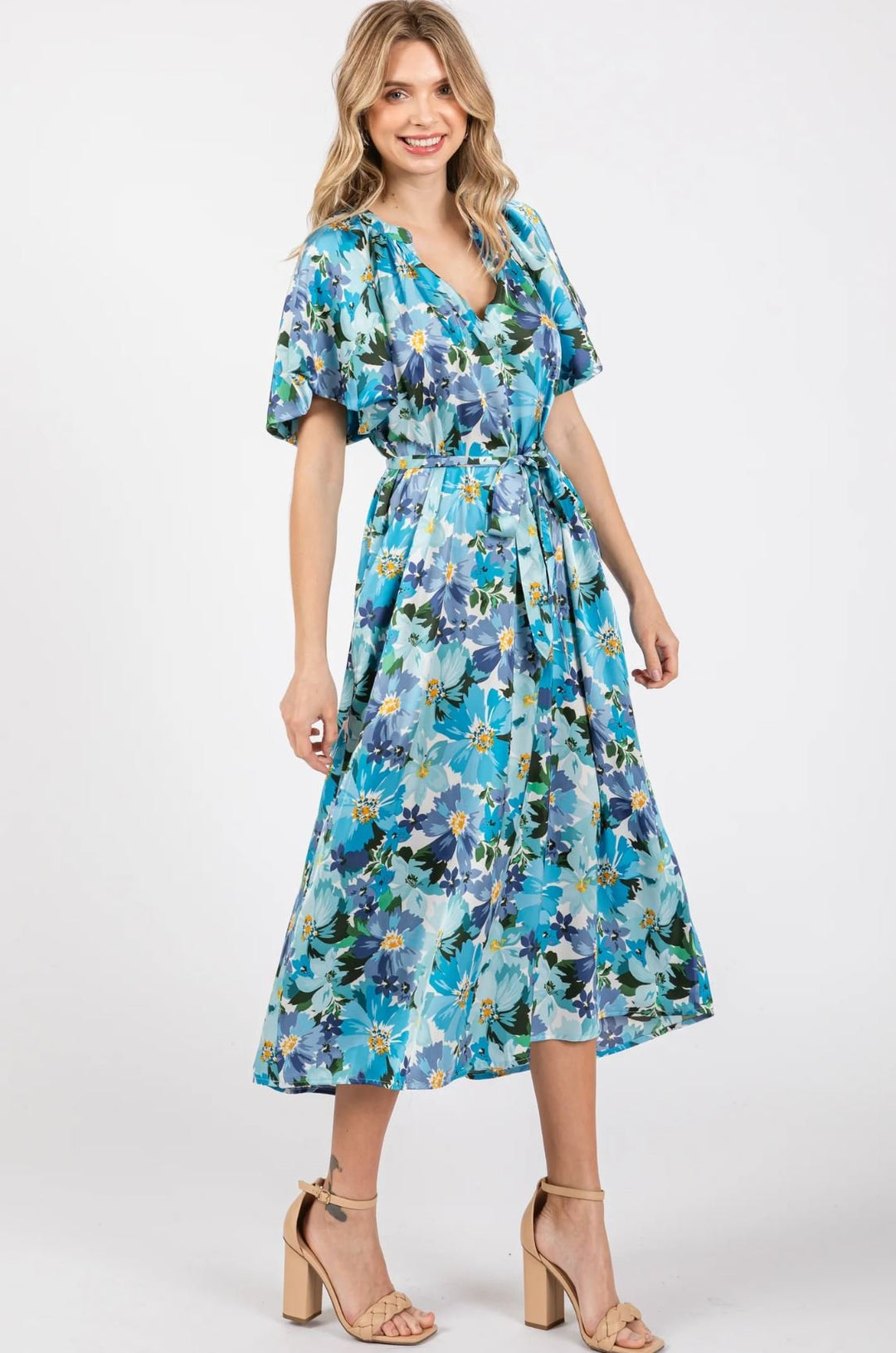 Floral Midi Dress with Puff Sleeves and Tie Waist - Lolo Viv Boutique