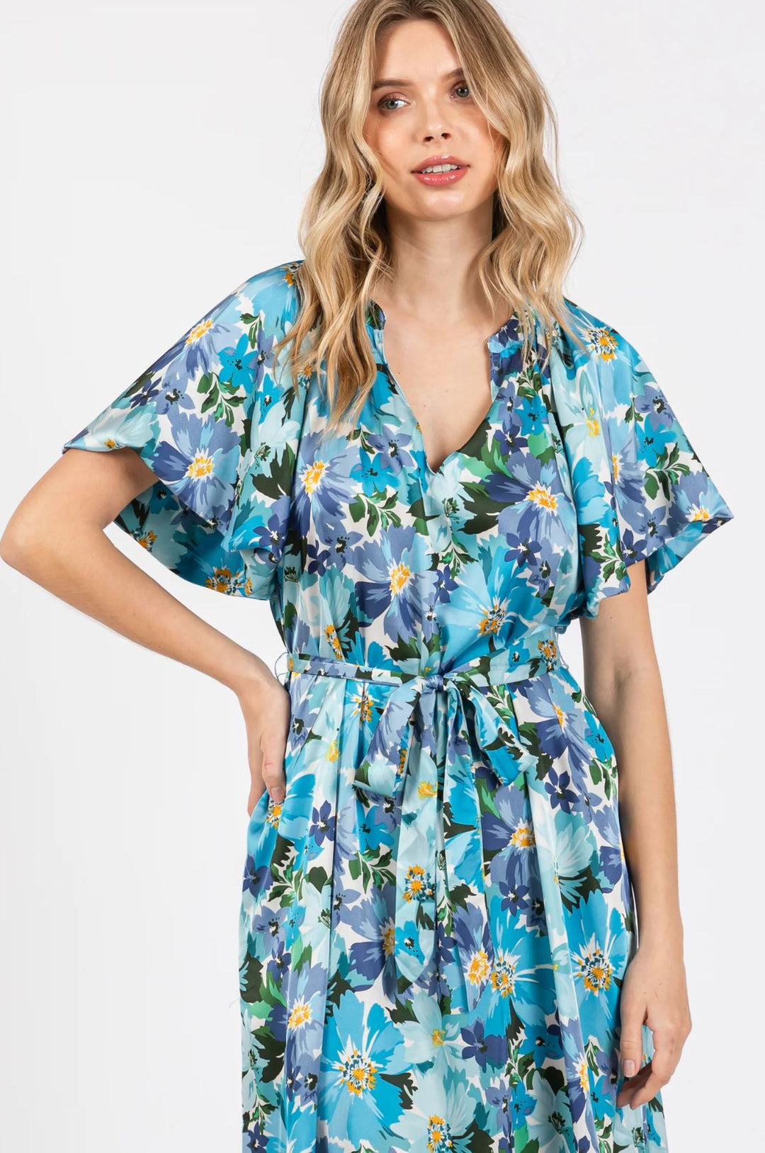 Floral Midi Dress with Puff Sleeves and Tie Waist - Lolo Viv Boutique