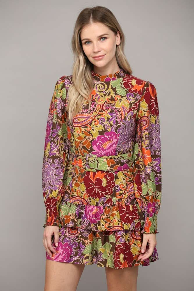 Floral Print Belted Dress with Ruffle Hem - Lolo Viv Boutique
