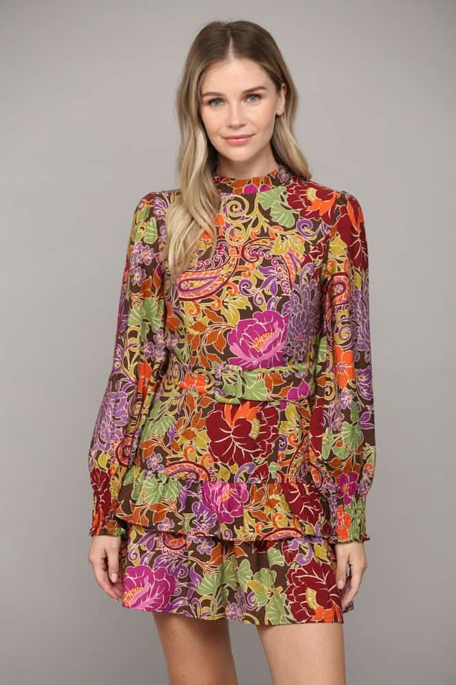 Floral Print Belted Dress with Ruffle Hem - Lolo Viv Boutique