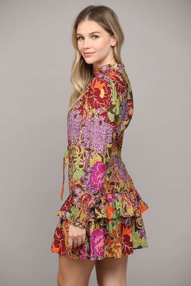 Floral Print Belted Dress with Ruffle Hem - Lolo Viv Boutique