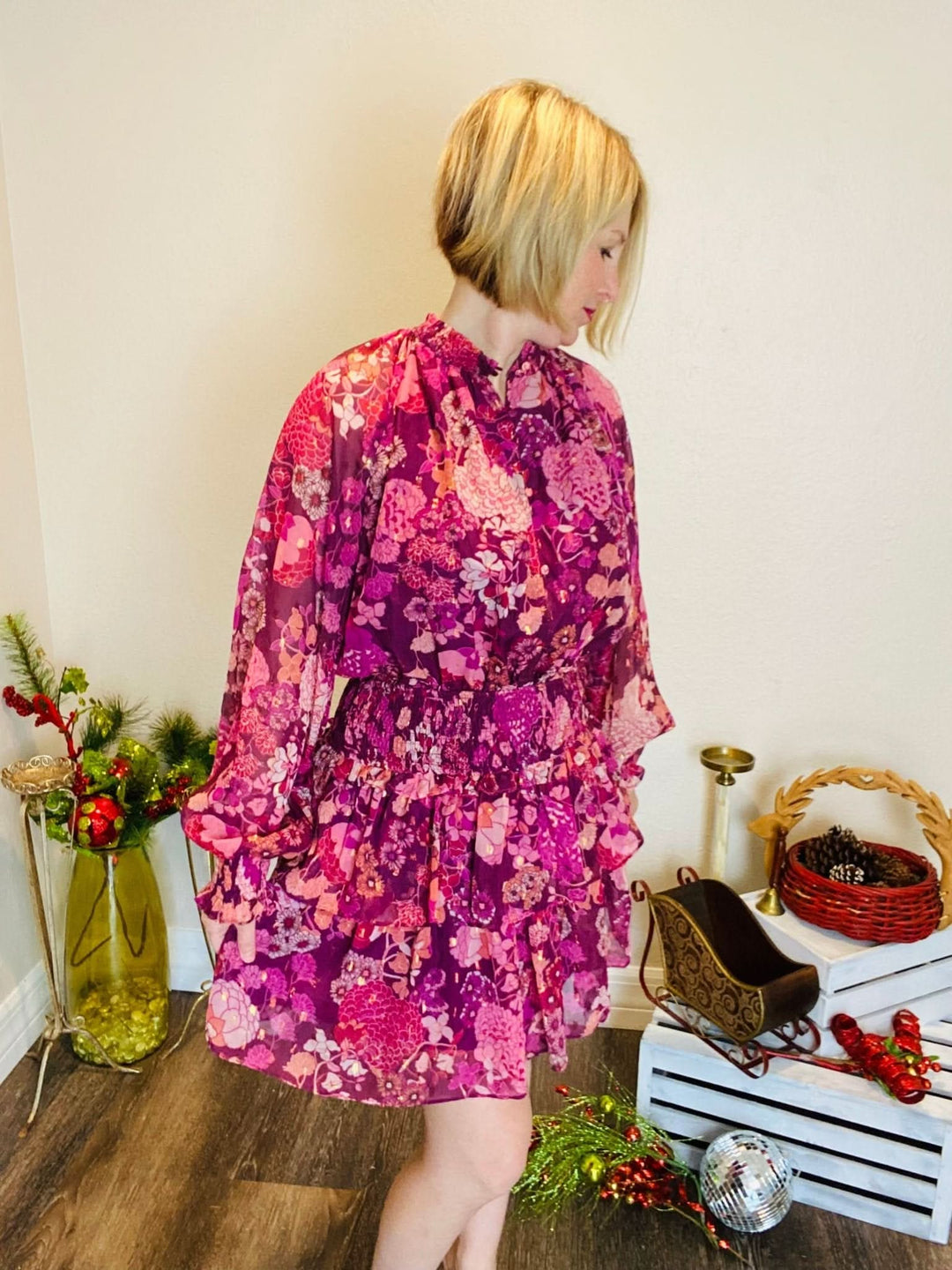 Floral Print Lurex Chiffon Dress - Lolo Viv Boutique