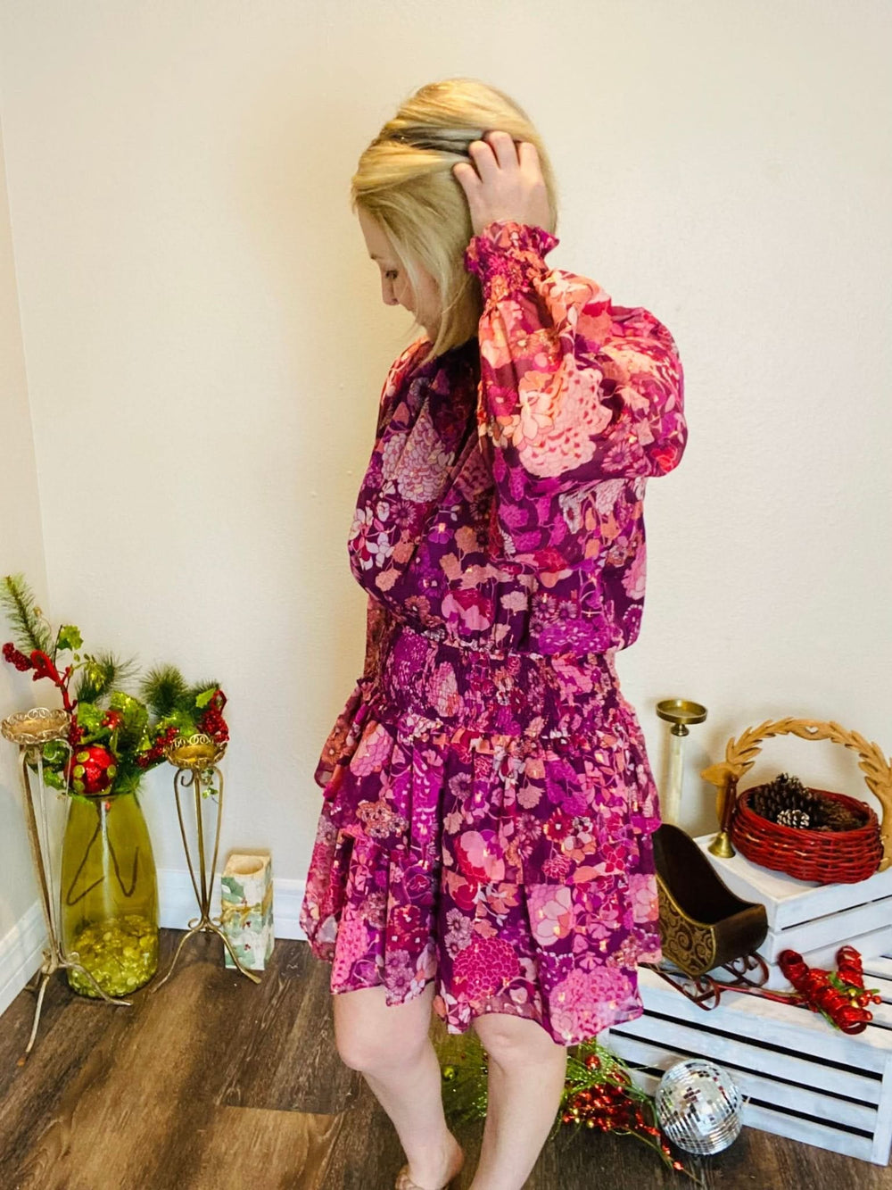 Floral Print Lurex Chiffon Dress - Lolo Viv Boutique