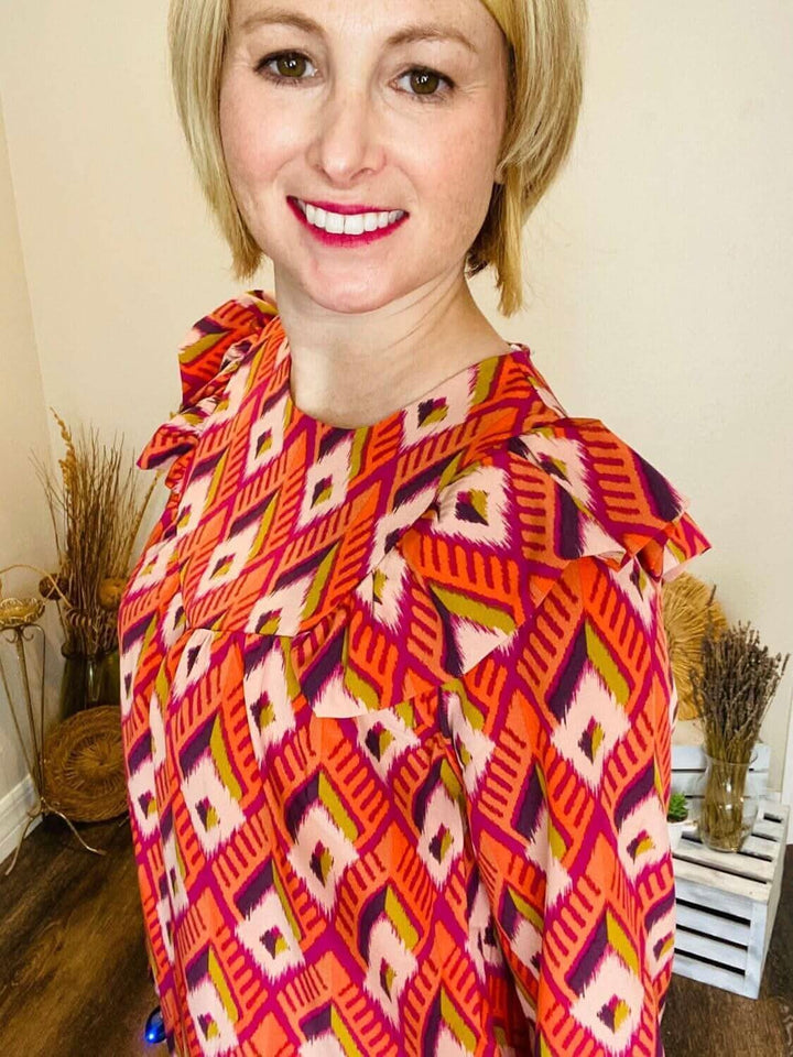 Geometric Long Sleeve Shirt with Ruffles - Lolo Viv Boutique